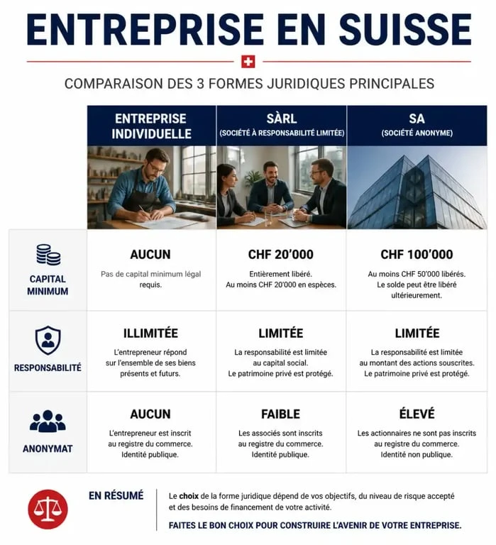 Comparatif des formes juridiques pour ouvrir une société en Suisse : Entreprise Individuelle, Sàrl et SA