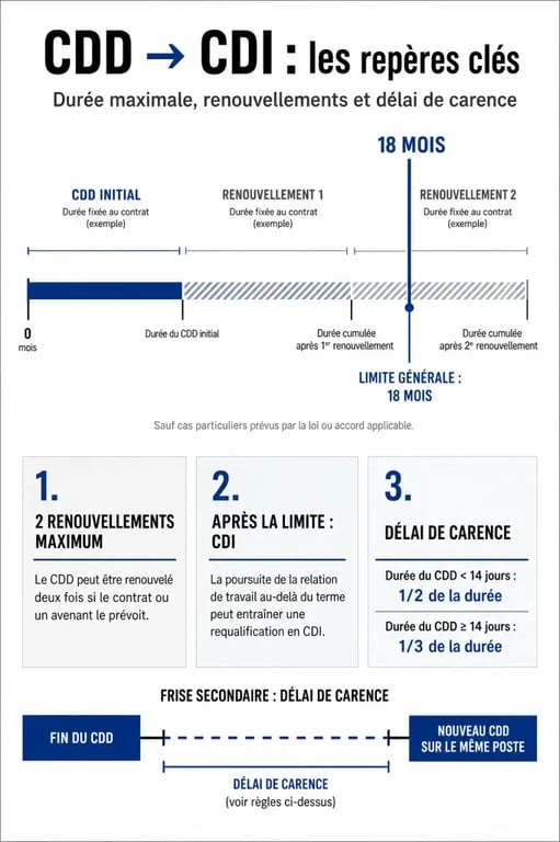 Infographie des règles de requalification d'un CDD en CDI : nombre de contrats et durées maximales