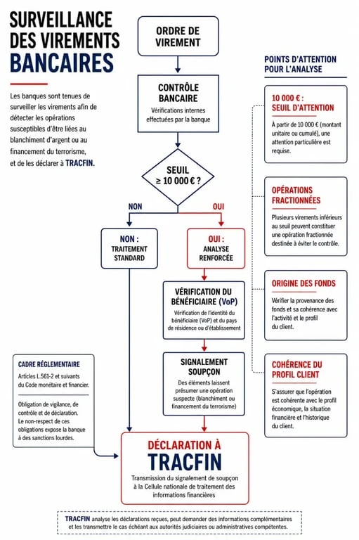 Infographie sur les seuils de surveillance des virements bancaires et le contrôle fiscal