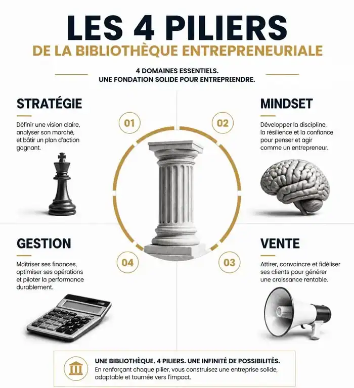 Infographie des piliers de l'entrepreneuriat pour choisir ses livres : stratégie, mindset, vente et gestion.