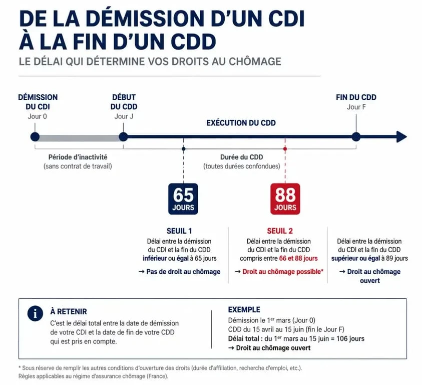 Infographie sur les conditions d'indemnisation chômage après avoir quitté un CDI pour un CDD