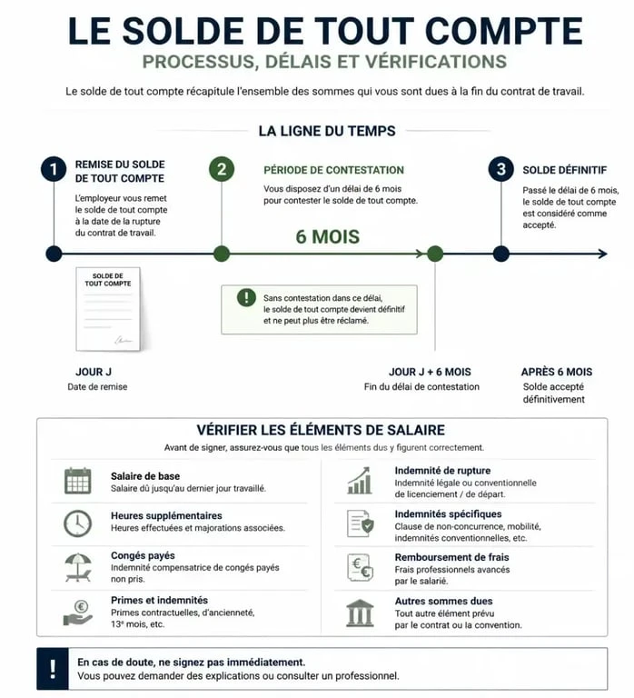 Infographie explicative sur le solde de tout compte et le délai de contestation de 6 mois