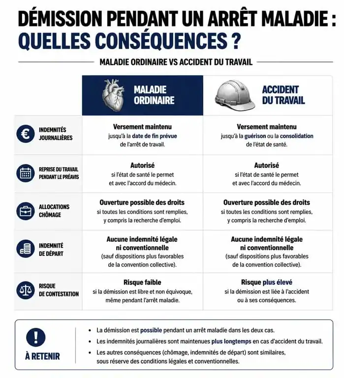 Infographie comparative des règles de démission en arrêt maladie