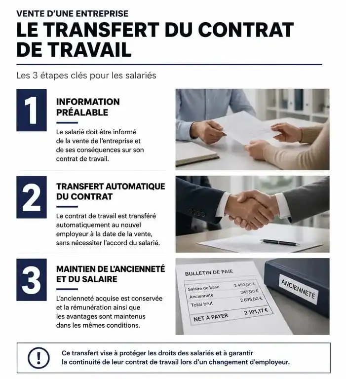 Infographie sur les droits des salariés quand le patron vend son entreprise et le transfert automatique du contrat de travail