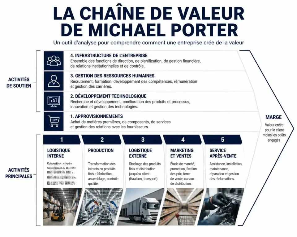 Schéma de la chaîne de valeur de Porter illustrant les activités principales et de soutien pour améliorer la compétitivité