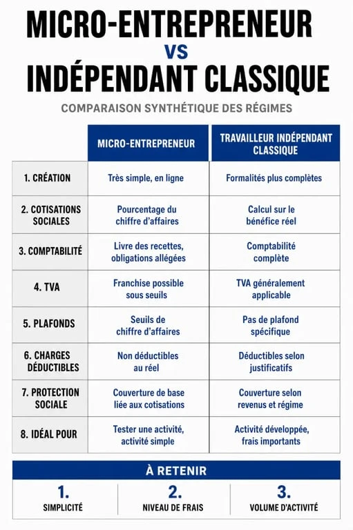 Infographie comparative des statuts de travailleur indépendant et auto-entrepreneur