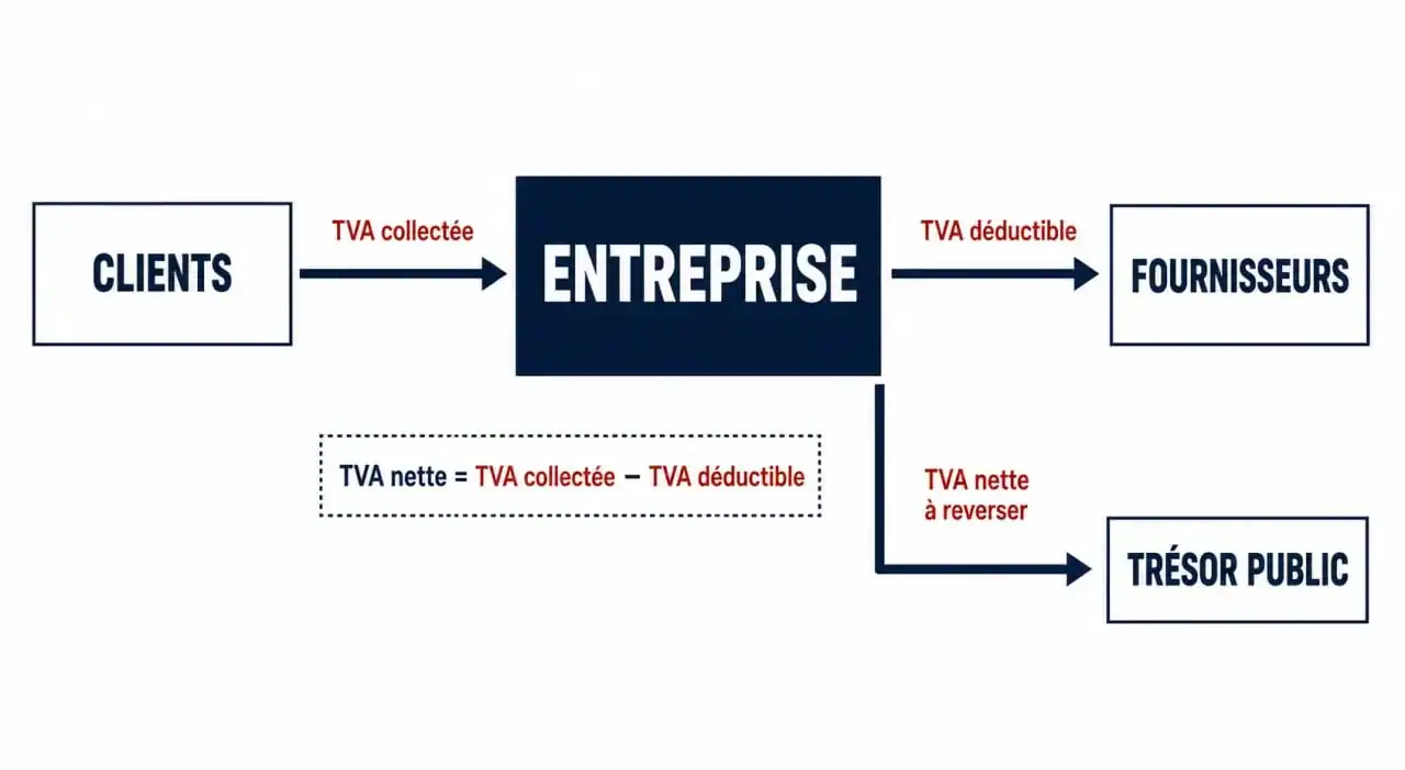 Schéma explicatif du fonctionnement de la TVA collectée et de la TVA déductible pour une entreprise