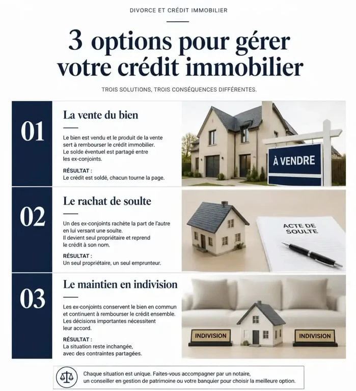Infographie des options de crédit immobilier en cas de divorce et crédit immobilier en cours