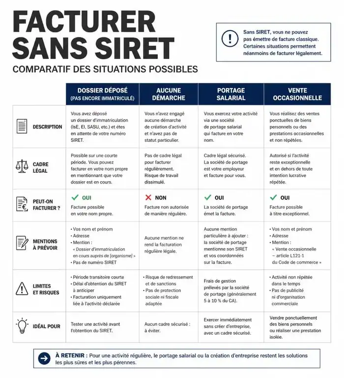 Tableau comparatif des situations pour facturer sans numéro SIRET