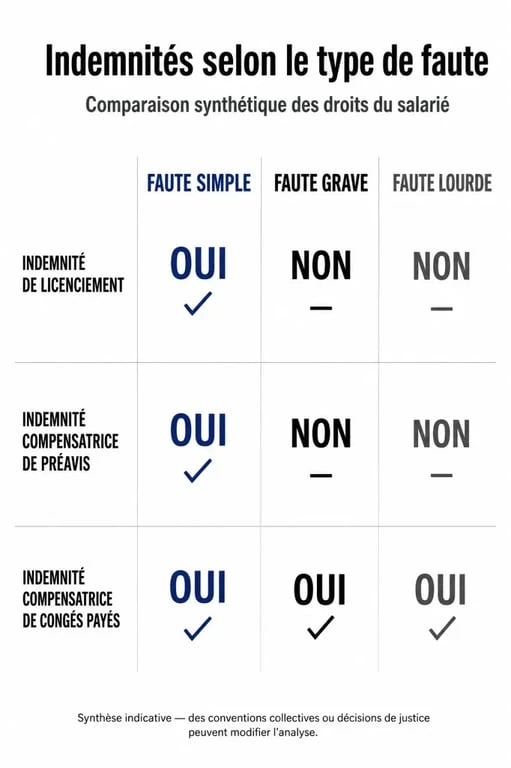 Tableau comparatif des indemnités de licenciement selon le type de faute : simple, grave ou lourde