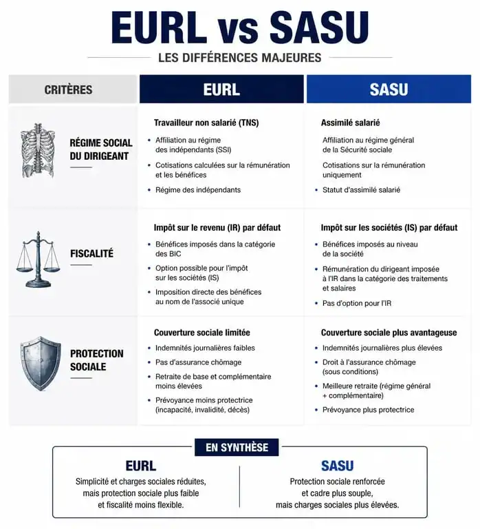 Tableau comparatif EURL vs SASU pour le choix du statut juridique d'entreprise
