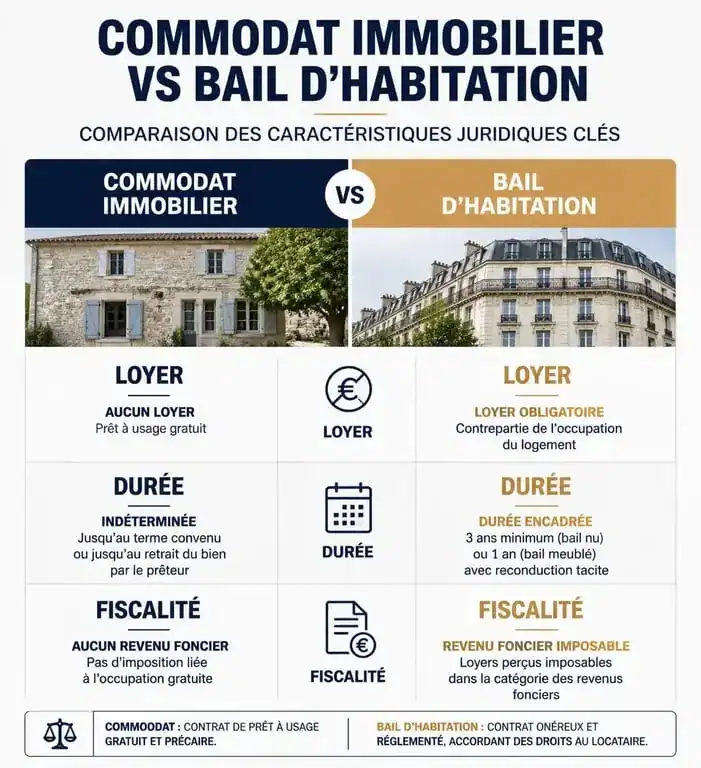Infographie comparative entre le commodat immobilier et le bail d'habitation