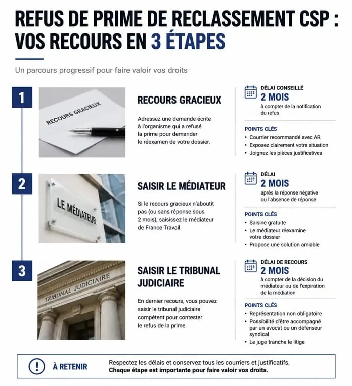 Schéma des étapes de recours en cas de refus de prime de reclassement CSP