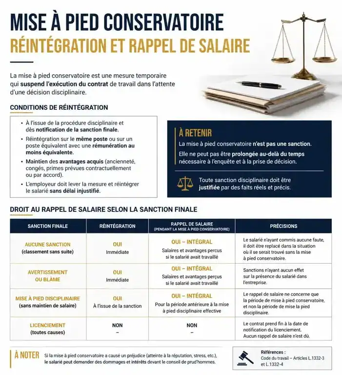 Infographie sur la réintégration suite à une mise à pied conservatoire et les droits au salaire