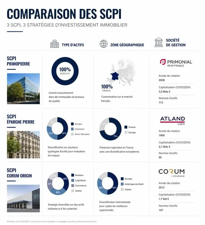 Comparatif des SCPI disponibles sur le contrat Linxea Spirit 2 : actifs, zones géographiques et sociétés de gestion.