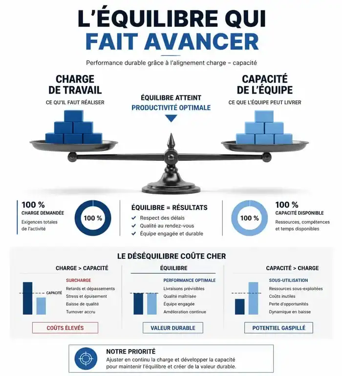 Infographie illustrant l'équilibre entre la charge de travail et la capacité de l'équipe pour un plan de charge efficace