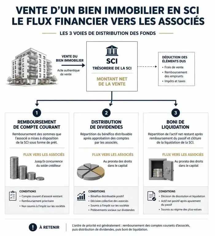 Schéma des étapes pour récupérer l'argent de la vente d'un bien en SCI