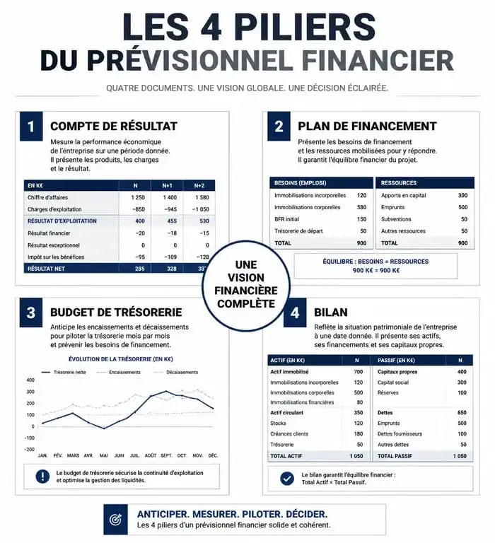 Schéma des 4 piliers d'un prévisionnel financier gratuit