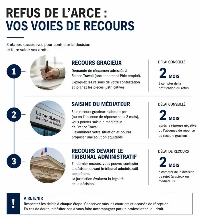Schéma des étapes de recours pour une demande ARCE refusée