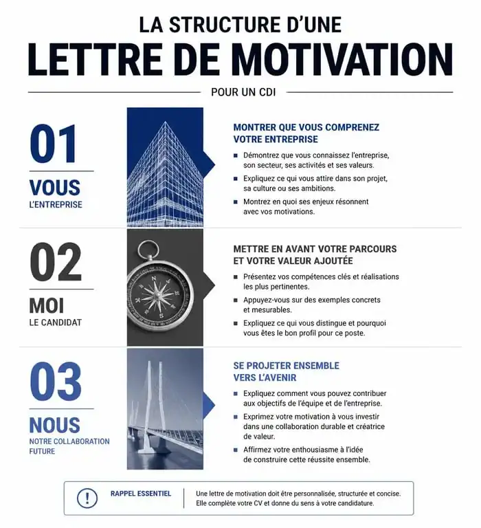Schéma de la structure idéale d'une lettre de motivation CDI : Vous, Moi, Nous.