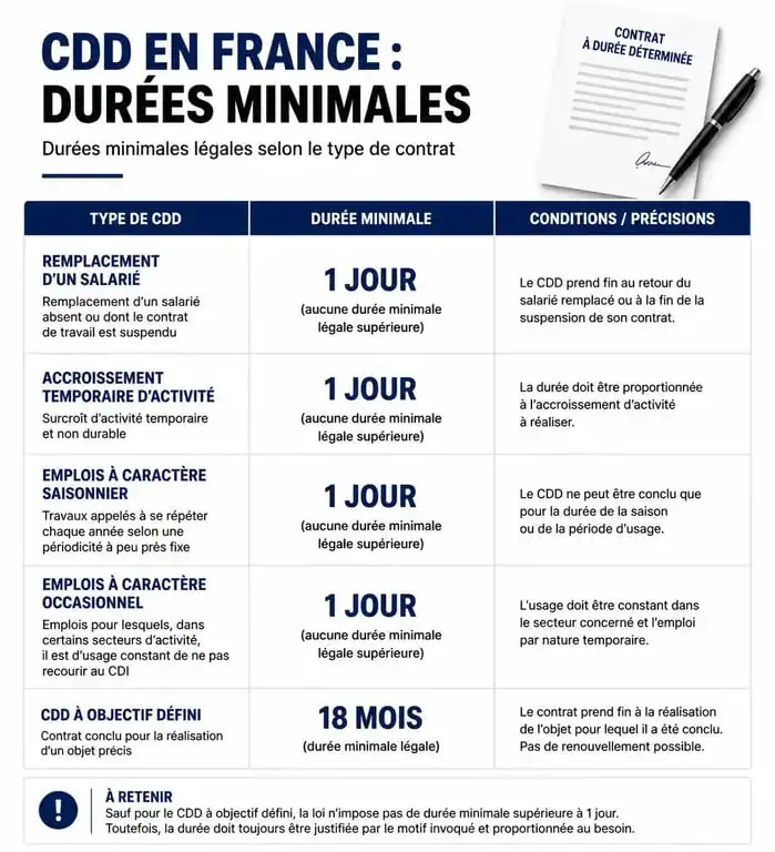 Infographie comparative des durées minimales et obligations légales pour un contrat à durée déterminée (CDD)