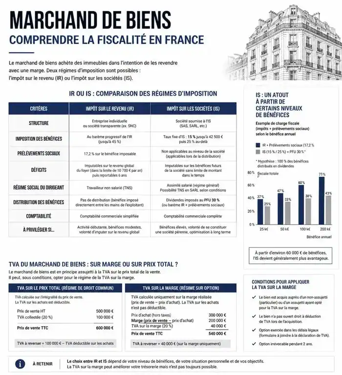 Infographie sur la fiscalité du marchand de biens : IR vs IS et règles de TVA