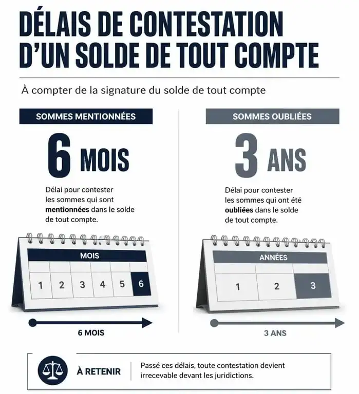 Infographie des délais de contestation du solde de tout compte pour les salariés