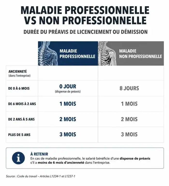 Infographie sur l'impact de l'arrêt maladie sur le préavis de démission ou licenciement