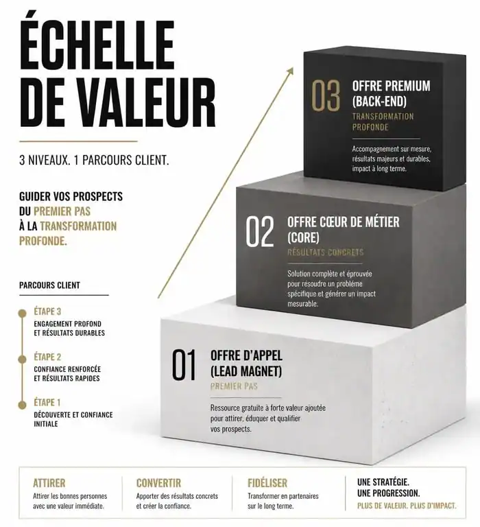 Infographie illustrant l'échelle de valeur pour définir son offre : de l'offre d'appel à l'offre premium.