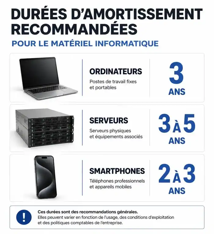 Infographie des durées d'amortissement du matériel informatique en entreprise