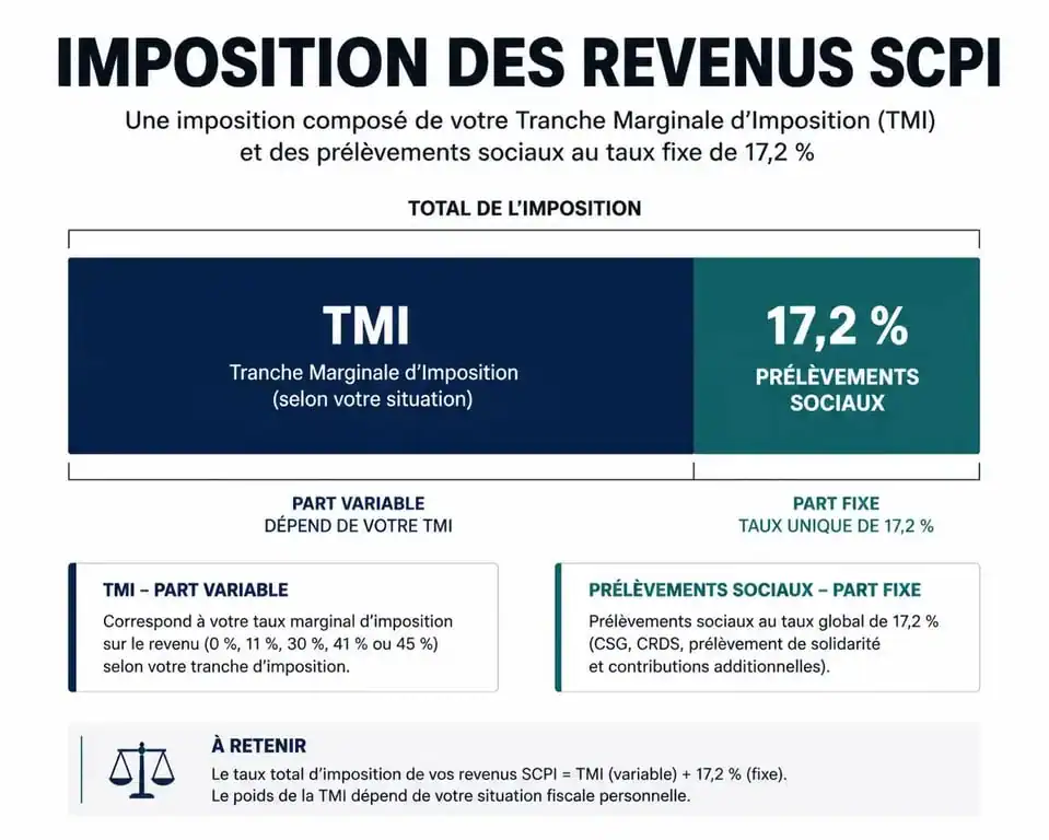 Schéma de la fiscalité et imposition SCPI : répartition entre TMI et prélèvements sociaux