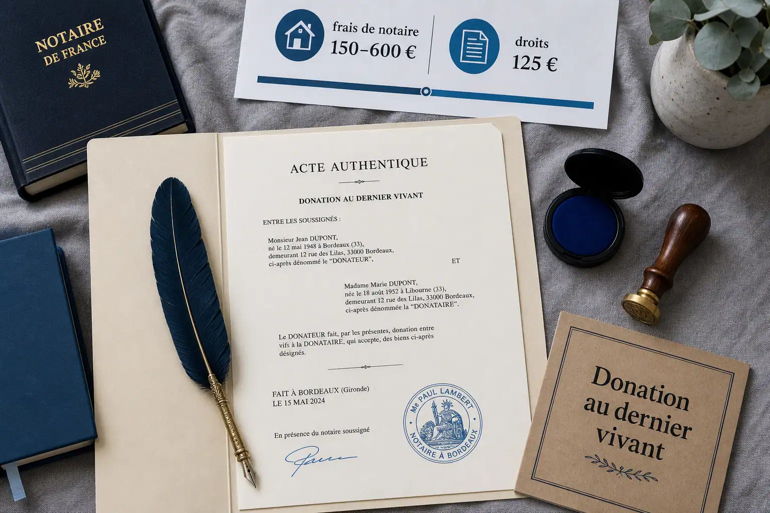 Donation au dernier vivant prix : frais de notaire 150–600 € et droits d’enregistrement 125 €