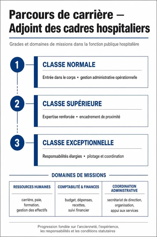 Infographie sur le métier d'adjoint des cadres hospitaliers et son évolution de carrière