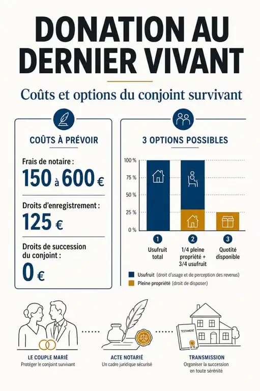 Donation au dernier vivant prix : infographie des frais de notaire, des droits d’enregistrement et des options du conjoint survivant