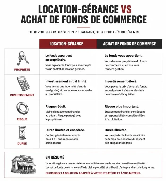 Tableau comparatif location-gérance restaurant vs achat de fonds de commerce