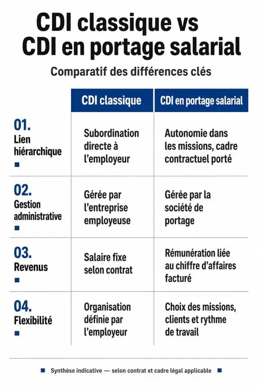 Tableau comparatif entre CDI classique et portage salarial CDI pour comprendre les différences de statut.