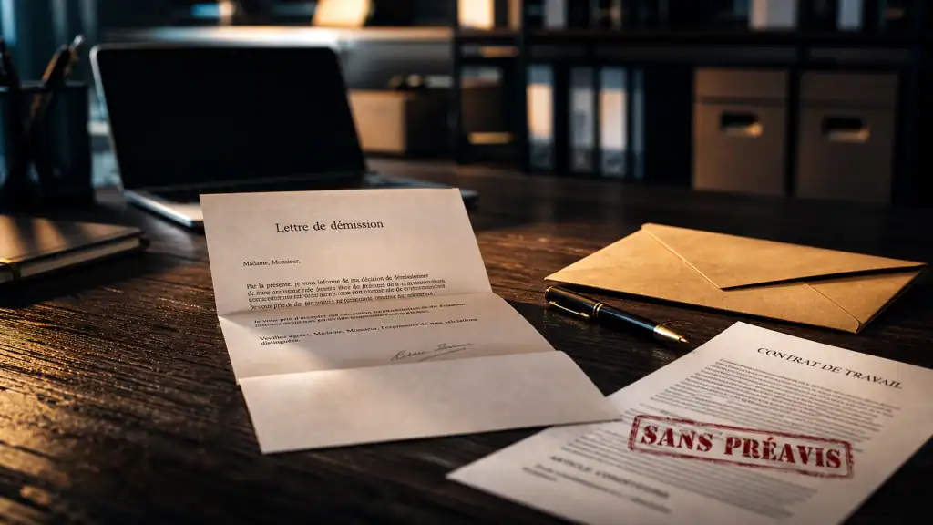 Peut-on demissionner sans préavis ? Lettre de démission et tampon “Sans préavis” sur contrat.