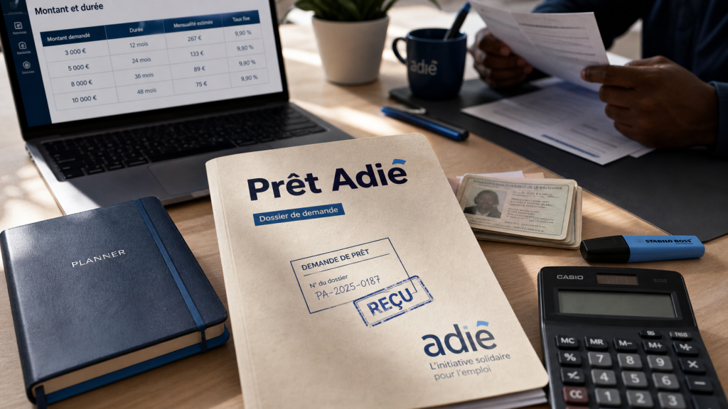 Prêt adie sans garant : dossier de demande sur table