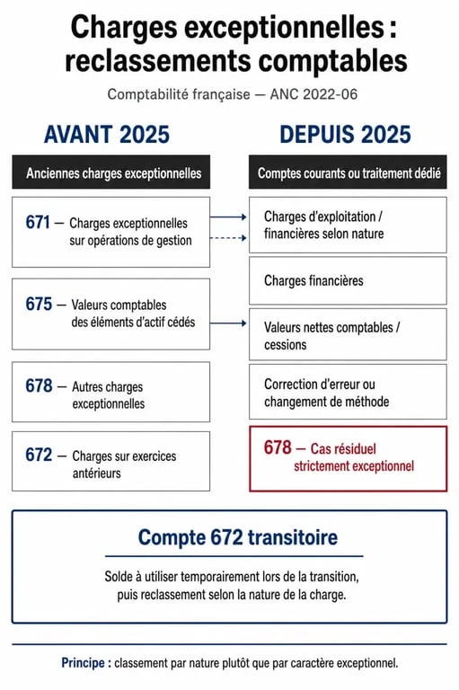 Charges exceptionnelles : avant 2025 et depuis 2025, reclassement des comptes en comptabilité