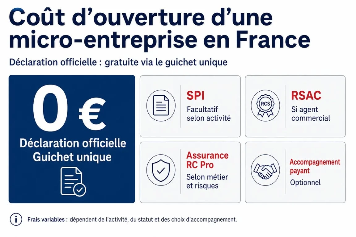 Coût ouverture micro entreprise entreprendre infomag : synthèse visuelle des frais gratuits, obligatoires et optionnels