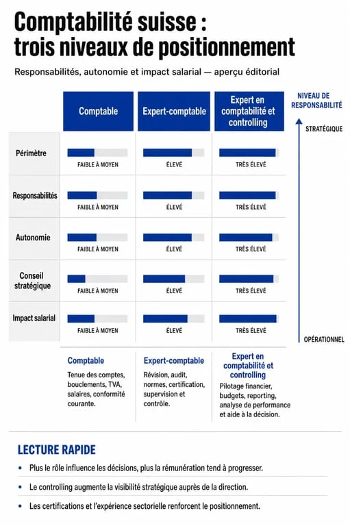 Infographie sur l’expert comptable salaire suisse : différence entre comptable, expert-comptable et controlling