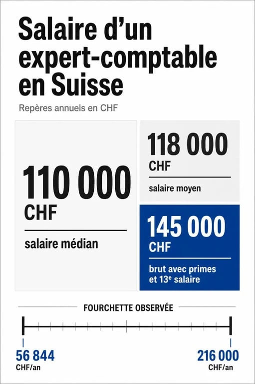 Infographie sur l’expert comptable salaire suisse : médian, moyen, brut et fourchette annuelle