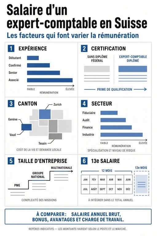 Infographie sur l’expert comptable salaire suisse : impact du canton, de l’expérience et de la certification