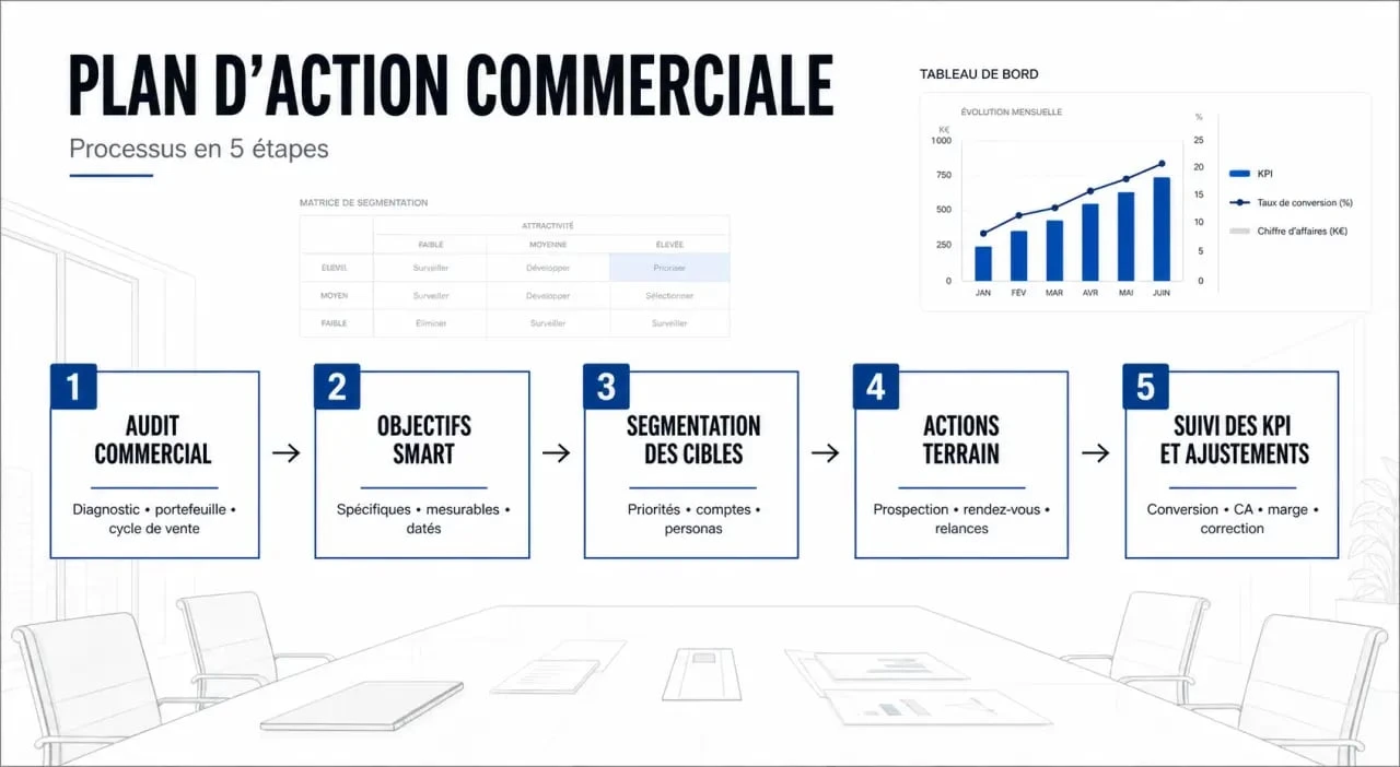 Plan d action commerciale : schéma du processus de l'audit aux KPI