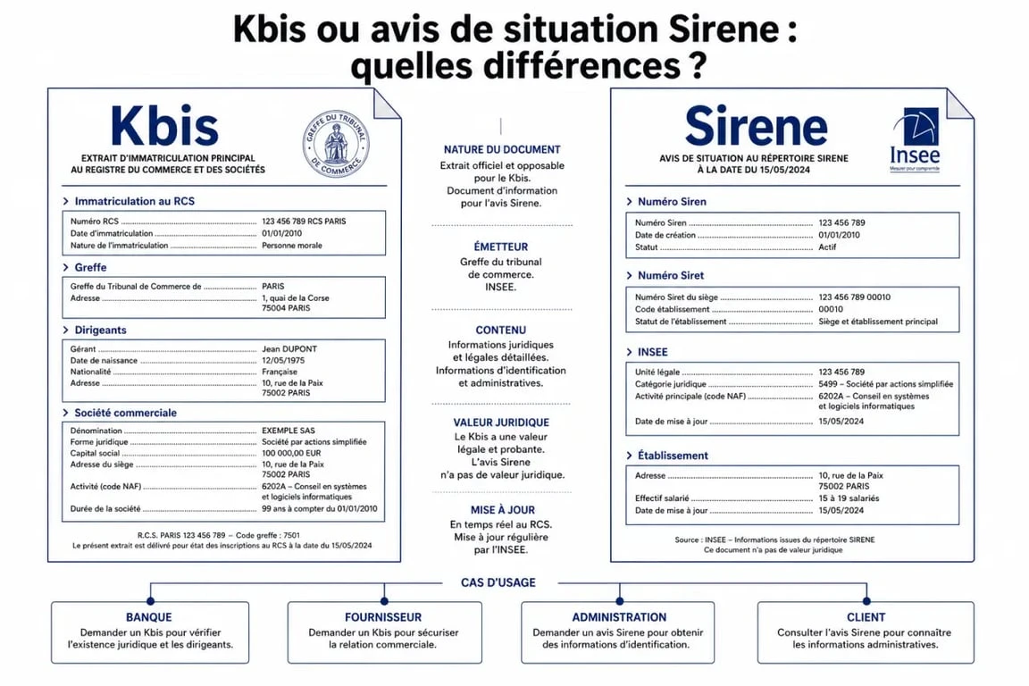 Comparatif kbis sirene : extrait Kbis à gauche et avis de situation Sirene à droite