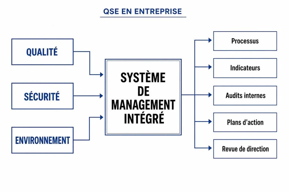 QSE entreprise : infographie sur la qualité, la sécurité et l’environnement dans un système de management intégré
