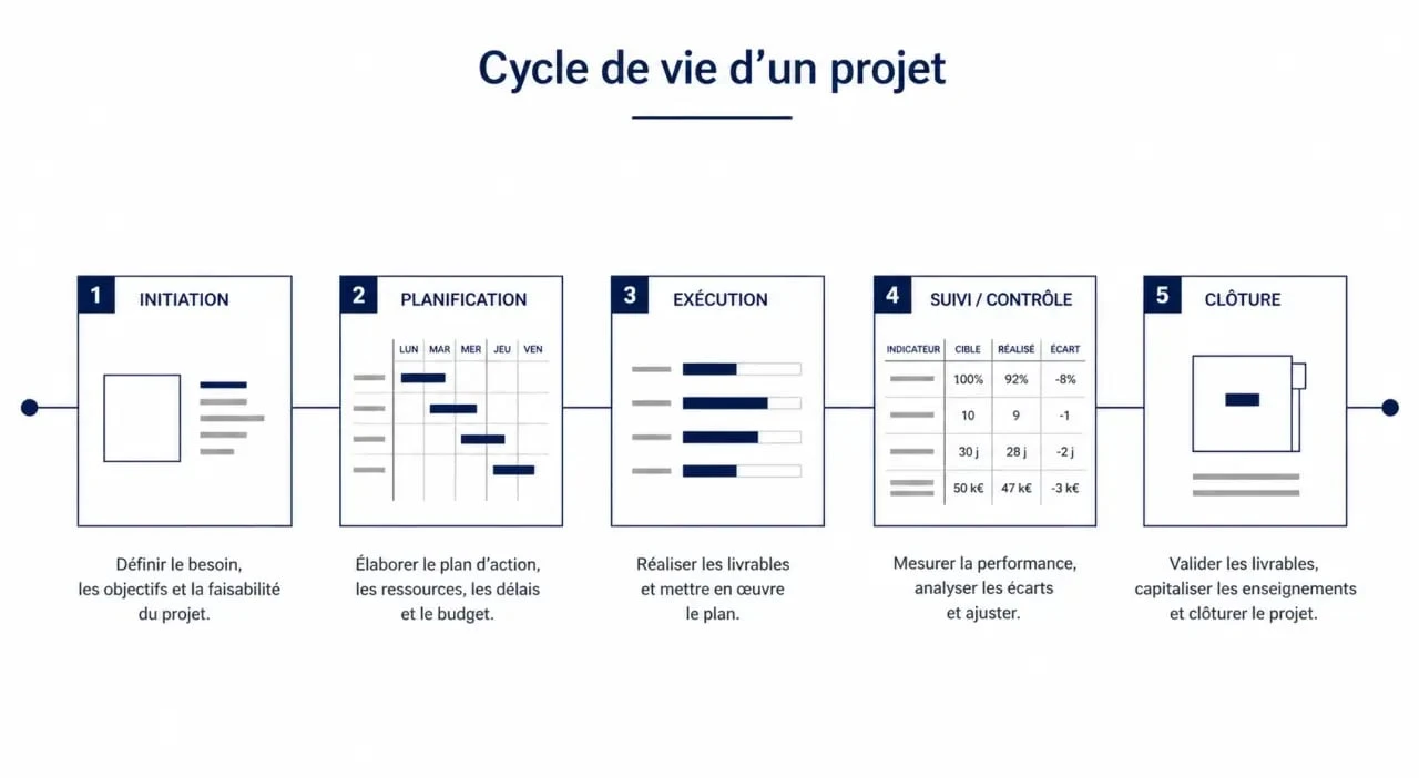Cycle de vie d un projet illustré par une frise en 5 phases