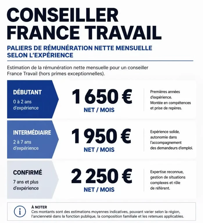 Infographie des paliers de salaire d'un conseiller France Travail selon l'ancienneté