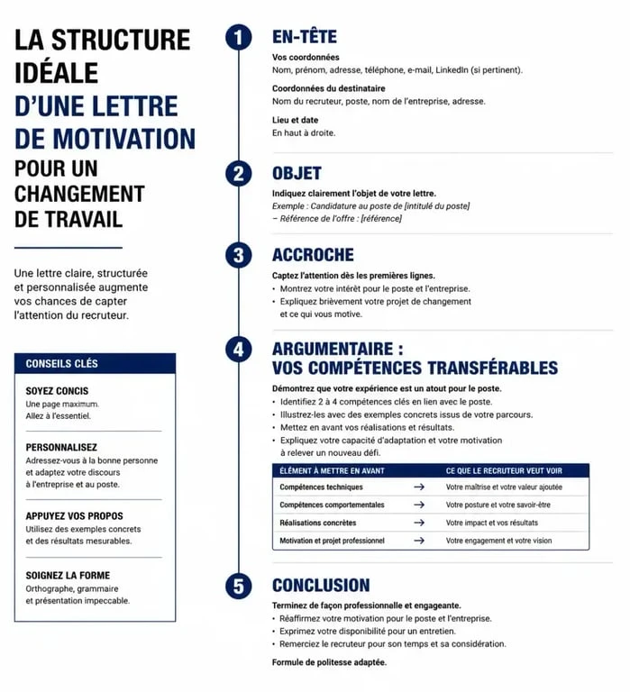 Infographie de la structure d'une lettre de motivation pour un changement de travail réussie