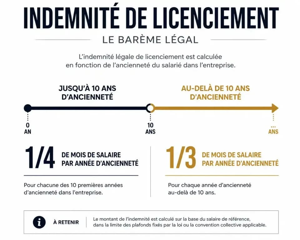Infographie du calcul de l'indemnité de licenciement économique selon l'ancienneté